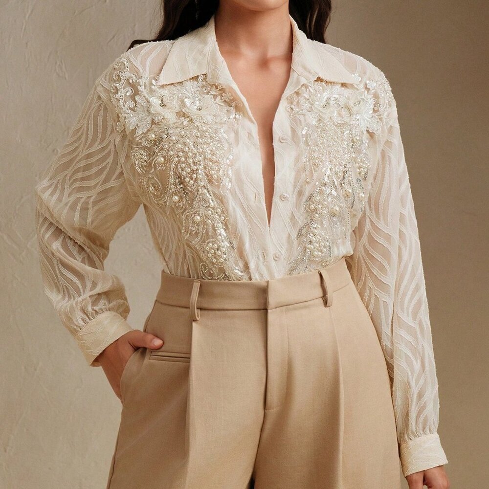Apricot Elegant Women's Plus Size French Floral Dotted Jacquard Blouse